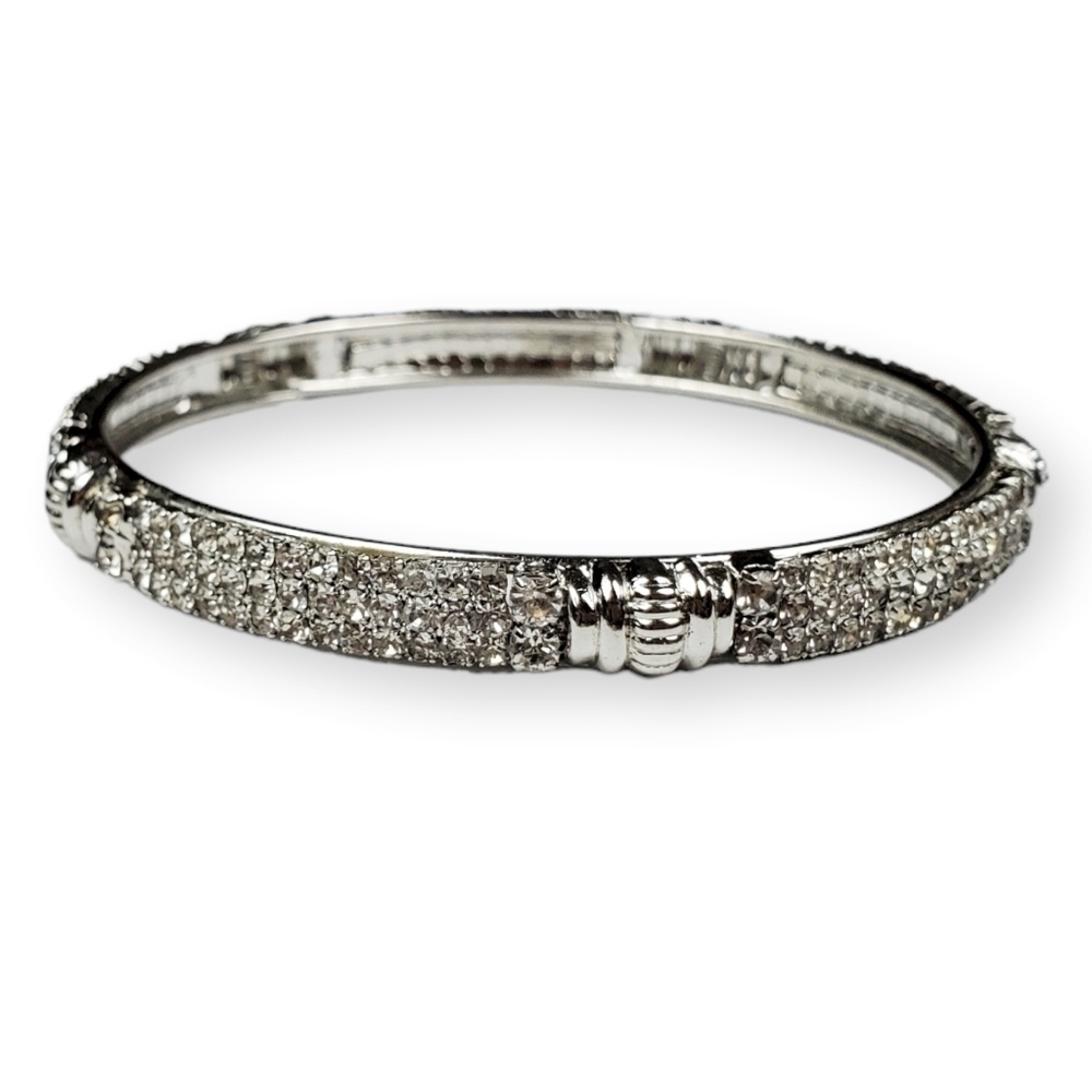 Pave White Rhinestone Bangle Bracelet Shiny Silver Tone Minimalist 8.25" Around